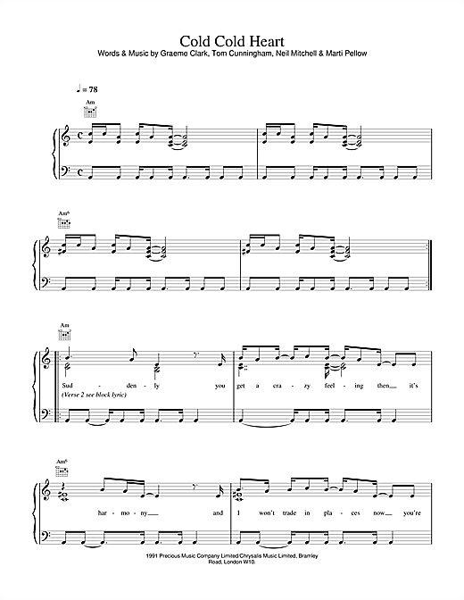 Preview Wet Wet Wet Cold, Cold Heart Pop sheet music, notes and chords for Piano, Vocal & Guitar (Right-Hand Melody), SKU: 17675 sheet music, piano notes, chords, guitar tabs, score, transpose, transcribe, how to play, guide, download, learn, tutorial, progression, song, artist, awards, billboard, mtv, vh1, tour, single, album, release
