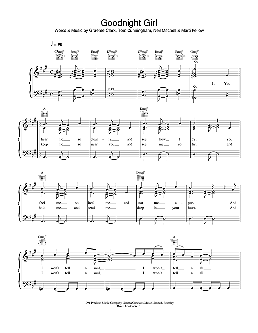 Preview Wet Wet Wet Goodnight Girl Pop sheet music, notes and chords for Piano & Vocal, SKU: 17676 sheet music, piano notes, chords, guitar tabs, score, transpose, transcribe, how to play, guide, download, learn, tutorial, progression, song, artist, awards, billboard, mtv, vh1, tour, single, album, release