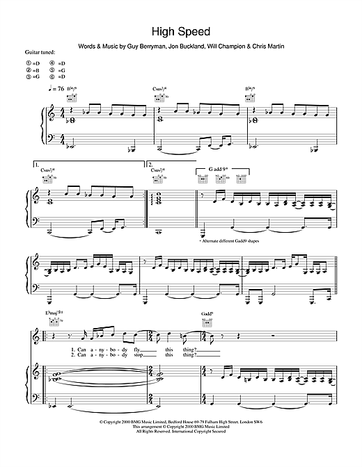 Preview Coldplay High Speed Pop sheet music, notes and chords for Piano, Vocal & Guitar, SKU: 17681 sheet music, piano notes, chords, guitar tabs, score, transpose, transcribe, how to play, guide, download, learn, tutorial, progression, song, artist, awards, billboard, mtv, vh1, tour, single, album, release