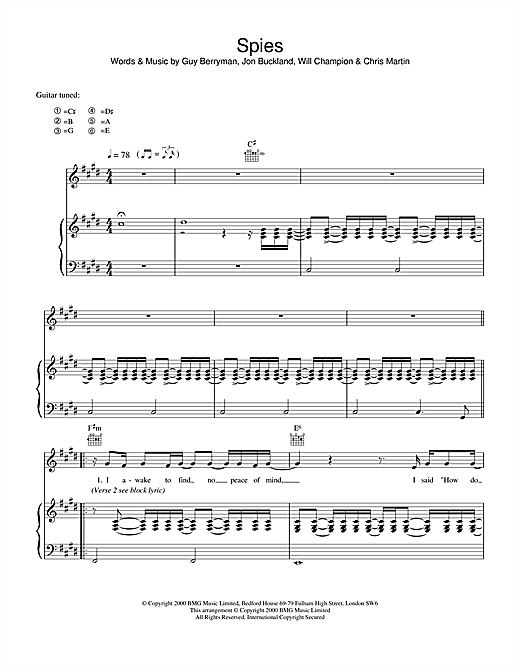 Preview Coldplay Spies Pop sheet music, notes and chords for Piano, Vocal & Guitar, SKU: 17683 sheet music, piano notes, chords, guitar tabs, score, transpose, transcribe, how to play, guide, download, learn, tutorial, progression, song, artist, awards, billboard, mtv, vh1, tour, single, album, release
