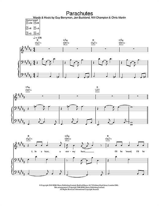 Preview Coldplay Parachutes Pop sheet music, notes and chords for Piano, Vocal & Guitar, SKU: 17686 sheet music, piano notes, chords, guitar tabs, score, transpose, transcribe, how to play, guide, download, learn, tutorial, progression, song, artist, awards, billboard, mtv, vh1, tour, single, album, release