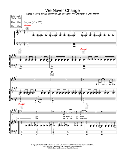 Preview Coldplay We Never Change Pop sheet music, notes and chords for Piano, Vocal & Guitar, SKU: 17688 sheet music, piano notes, chords, guitar tabs, score, transpose, transcribe, how to play, guide, download, learn, tutorial, progression, song, artist, awards, billboard, mtv, vh1, tour, single, album, release