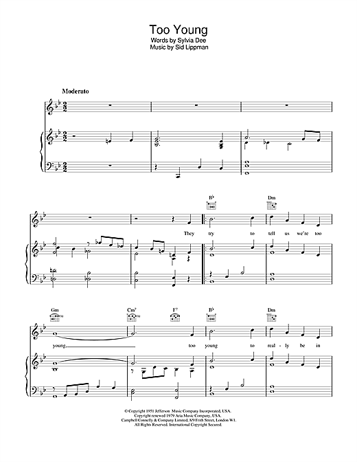 Preview Nat King Cole Too Young Easy Listening sheet music, notes and chords for Piano, Vocal & Guitar (Right-Hand Melody), SKU: 17693 sheet music, piano notes, chords, guitar tabs, score, transpose, transcribe, how to play, guide, download, learn, tutorial, progression, song, artist, awards, billboard, mtv, vh1, tour, single, album, release