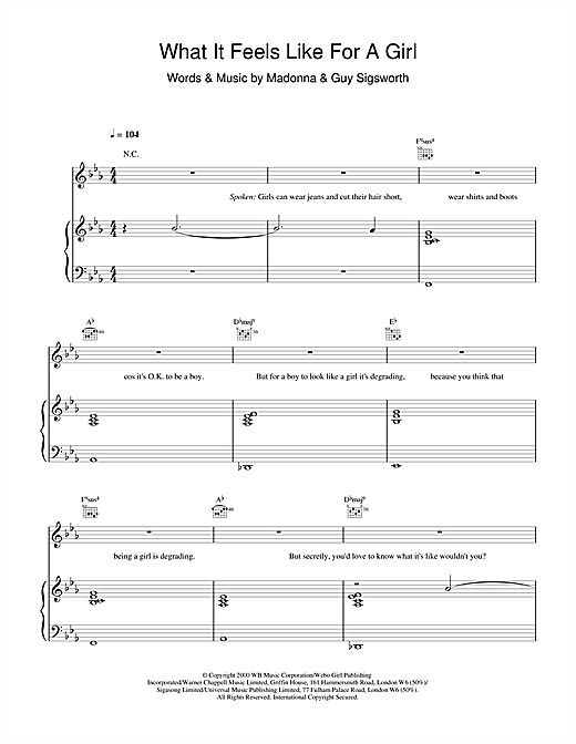 Preview Madonna What It Feels Like For A Girl Pop sheet music, notes and chords for Piano, Vocal & Guitar, SKU: 17694 sheet music, piano notes, chords, guitar tabs, score, transpose, transcribe, how to play, guide, download, learn, tutorial, progression, song, artist, awards, billboard, mtv, vh1, tour, single, album, release