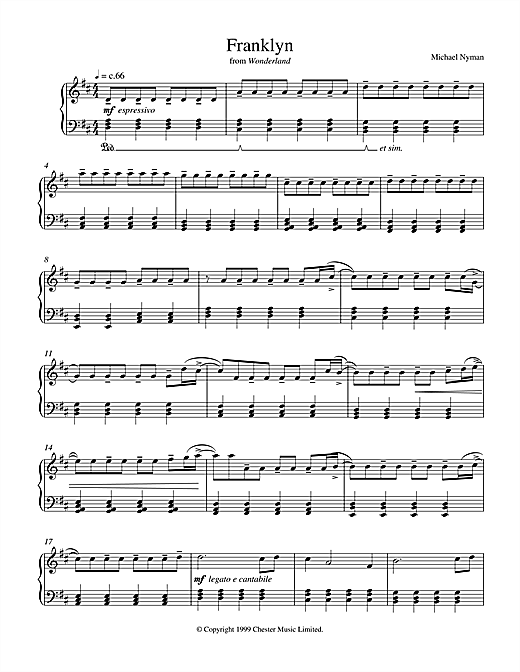 Preview Michael Nyman Franklyn (from Wonderland) Film and TV sheet music, notes and chords for Piano, SKU: 17697 sheet music, piano notes, chords, guitar tabs, score, transpose, transcribe, how to play, guide, download, learn, tutorial, progression, song, artist, awards, billboard, mtv, vh1, tour, single, album, release