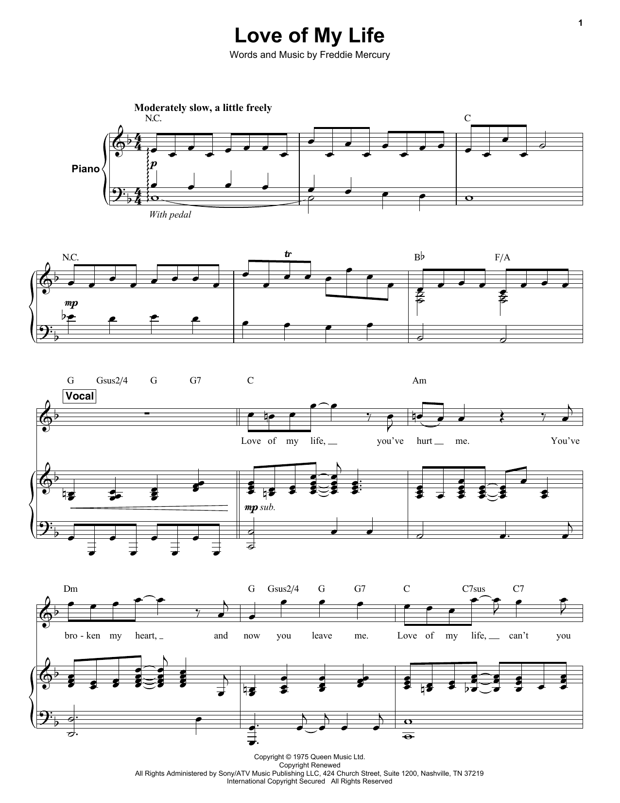 Queen "Love Of My Life" Sheet Music Notes, Chords ...