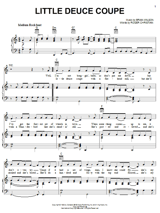 Preview The Beach Boys Little Deuce Coupe Pop sheet music, notes and chords for Piano, Vocal & Guitar (Right-Hand Melody), SKU: 17750 sheet music, piano notes, chords, guitar tabs, score, transpose, transcribe, how to play, guide, download, learn, tutorial, progression, song, artist, awards, billboard, mtv, vh1, tour, single, album, release