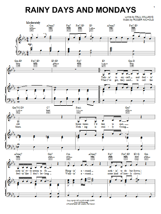 Preview Carpenters Rainy Days And Mondays Pop sheet music, notes and chords for Piano, Vocal & Guitar (Right-Hand Melody), SKU: 17753 sheet music, piano notes, chords, guitar tabs, score, transpose, transcribe, how to play, guide, download, learn, tutorial, progression, song, artist, awards, billboard, mtv, vh1, tour, single, album, release