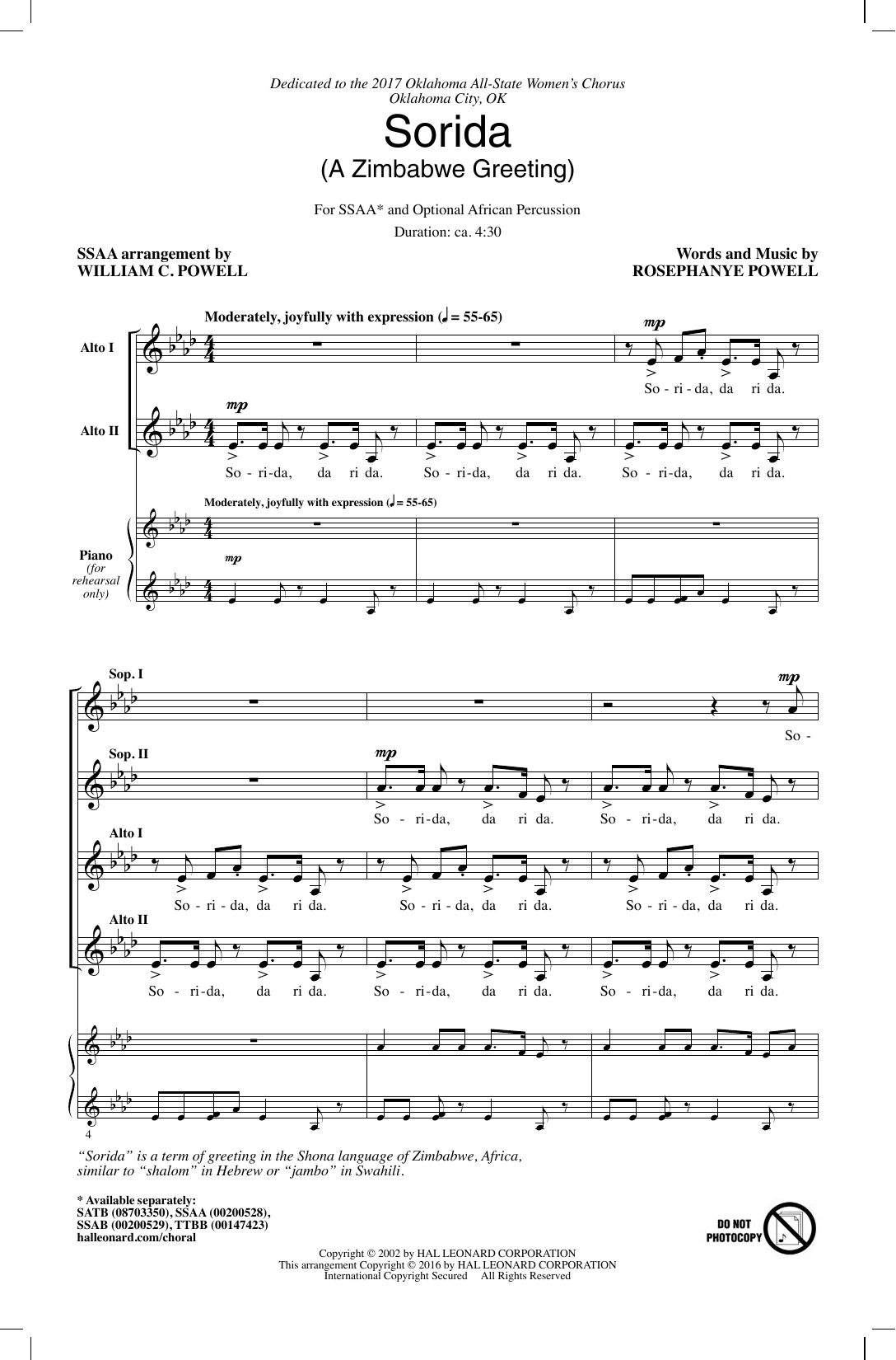 Preview Rosephanye Powell Sorida (A Zimbabwe Greeting) (arr. William Powell) Festival sheet music, notes and chords for SSAA, SKU: 177551 sheet music, piano notes, chords, guitar tabs, score, transpose, transcribe, how to play, guide, download, learn, tutorial, progression, song, artist, awards, billboard, mtv, vh1, tour, single, album, release