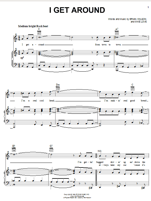Preview The Beach Boys I Get Around Pop sheet music, notes and chords for Piano, Vocal & Guitar (Right-Hand Melody), SKU: 17760 sheet music, piano notes, chords, guitar tabs, score, transpose, transcribe, how to play, guide, download, learn, tutorial, progression, song, artist, awards, billboard, mtv, vh1, tour, single, album, release