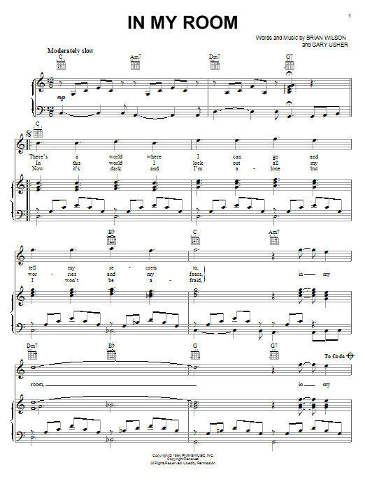 Preview The Beach Boys In My Room Pop sheet music, notes and chords for Piano, Vocal & Guitar (Right-Hand Melody), SKU: 17761 sheet music, piano notes, chords, guitar tabs, score, transpose, transcribe, how to play, guide, download, learn, tutorial, progression, song, artist, awards, billboard, mtv, vh1, tour, single, album, release