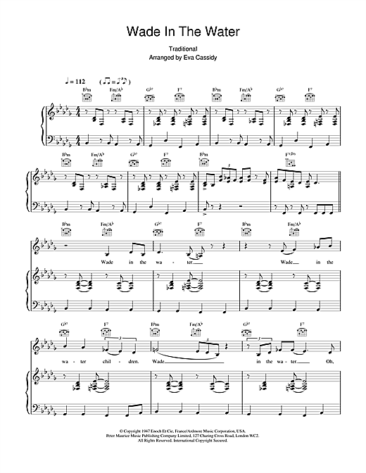 Preview Eva Cassidy Wade In The Water Jazz sheet music, notes and chords for Piano, Vocal & Guitar, SKU: 17771 sheet music, piano notes, chords, guitar tabs, score, transpose, transcribe, how to play, guide, download, learn, tutorial, progression, song, artist, awards, billboard, mtv, vh1, tour, single, album, release