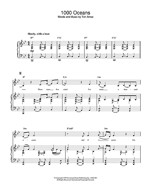 Preview Tori Amos 1000 Oceans Pop sheet music, notes and chords for Piano, Vocal & Guitar (Right-Hand Melody), SKU: 17777 sheet music, piano notes, chords, guitar tabs, score, transpose, transcribe, how to play, guide, download, learn, tutorial, progression, song, artist, awards, billboard, mtv, vh1, tour, single, album, release