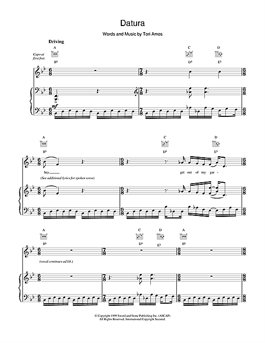 Preview Tori Amos Datura Pop sheet music, notes and chords for Piano, Vocal & Guitar (Right-Hand Melody), SKU: 17781 sheet music, piano notes, chords, guitar tabs, score, transpose, transcribe, how to play, guide, download, learn, tutorial, progression, song, artist, awards, billboard, mtv, vh1, tour, single, album, release