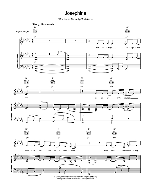 Preview Tori Amos Josephine Pop sheet music, notes and chords for Piano, Vocal & Guitar (Right-Hand Melody), SKU: 17783 sheet music, piano notes, chords, guitar tabs, score, transpose, transcribe, how to play, guide, download, learn, tutorial, progression, song, artist, awards, billboard, mtv, vh1, tour, single, album, release