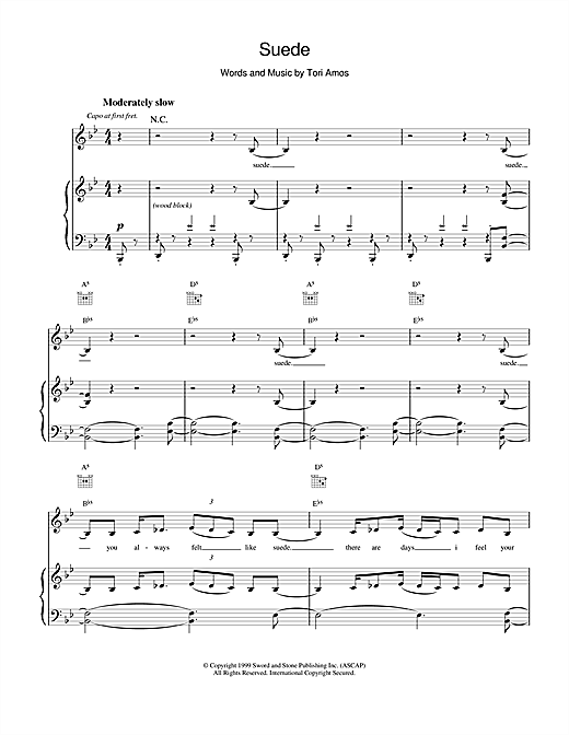 Preview Tori Amos Suede Pop sheet music, notes and chords for Piano, Vocal & Guitar (Right-Hand Melody), SKU: 17789 sheet music, piano notes, chords, guitar tabs, score, transpose, transcribe, how to play, guide, download, learn, tutorial, progression, song, artist, awards, billboard, mtv, vh1, tour, single, album, release