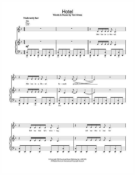 Preview Tori Amos Hotel Pop sheet music, notes and chords for Piano, Vocal & Guitar (Right-Hand Melody), SKU: 17792 sheet music, piano notes, chords, guitar tabs, score, transpose, transcribe, how to play, guide, download, learn, tutorial, progression, song, artist, awards, billboard, mtv, vh1, tour, single, album, release