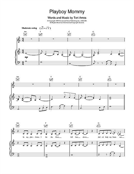 Preview Tori Amos Playboy Mommy Pop sheet music, notes and chords for Piano, Vocal & Guitar (Right-Hand Melody), SKU: 17798 sheet music, piano notes, chords, guitar tabs, score, transpose, transcribe, how to play, guide, download, learn, tutorial, progression, song, artist, awards, billboard, mtv, vh1, tour, single, album, release