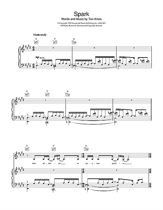 Preview Tori Amos Spark Pop sheet music, notes and chords for Piano, Vocal & Guitar (Right-Hand Melody), SKU: 17801 sheet music, piano notes, chords, guitar tabs, score, transpose, transcribe, how to play, guide, download, learn, tutorial, progression, song, artist, awards, billboard, mtv, vh1, tour, single, album, release