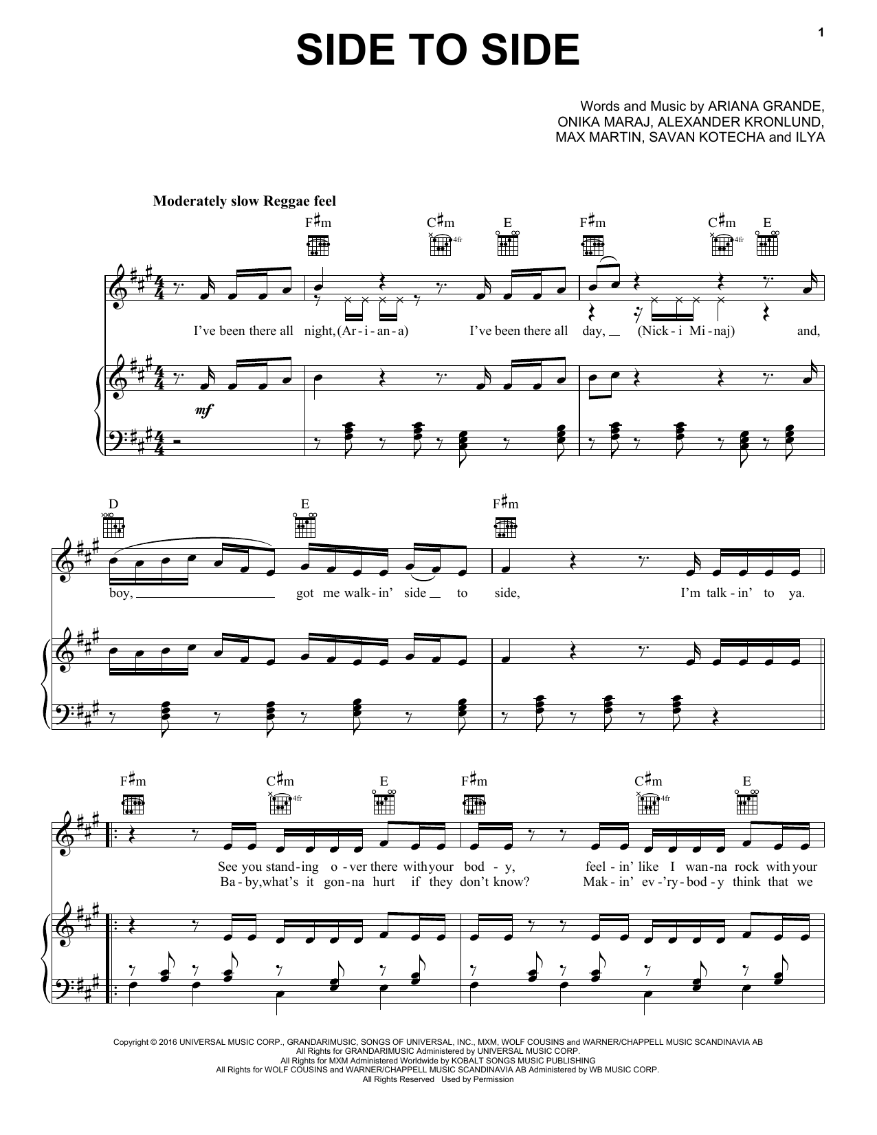 Preview Ariana Grande ft. Nicki Minaj Side To Side Pop sheet music, notes and chords for Piano, Vocal & Guitar (Right-Hand Melody), SKU: 178551 sheet music, piano notes, chords, guitar tabs, score, transpose, transcribe, how to play, guide, download, learn, tutorial, progression, song, artist, awards, billboard, mtv, vh1, tour, single, album, release