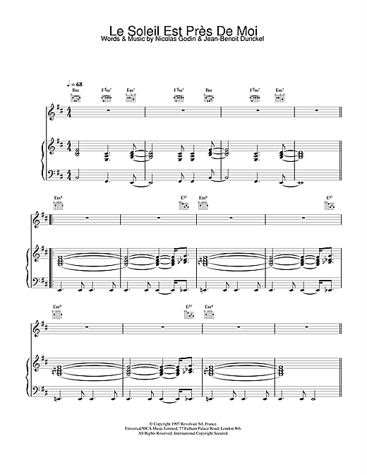 Preview Air Le Soleil Est Près De Moi Pop sheet music, notes and chords for Piano, Vocal & Guitar, SKU: 17860 sheet music, piano notes, chords, guitar tabs, score, transpose, transcribe, how to play, guide, download, learn, tutorial, progression, song, artist, awards, billboard, mtv, vh1, tour, single, album, release