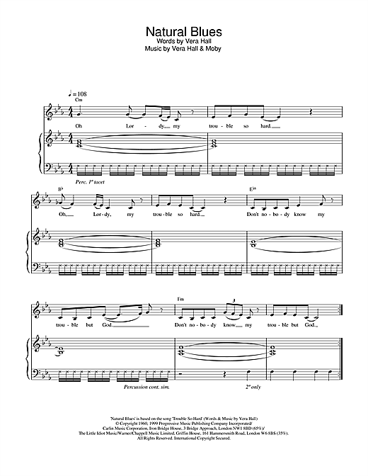 Preview Moby Natural Blues Pop sheet music, notes and chords for Piano, Vocal & Guitar, SKU: 17861 sheet music, piano notes, chords, guitar tabs, score, transpose, transcribe, how to play, guide, download, learn, tutorial, progression, song, artist, awards, billboard, mtv, vh1, tour, single, album, release