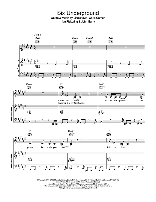 Preview Sneaker Pimps Six Underground Pop sheet music, notes and chords for Piano, Vocal & Guitar, SKU: 17862 sheet music, piano notes, chords, guitar tabs, score, transpose, transcribe, how to play, guide, download, learn, tutorial, progression, song, artist, awards, billboard, mtv, vh1, tour, single, album, release