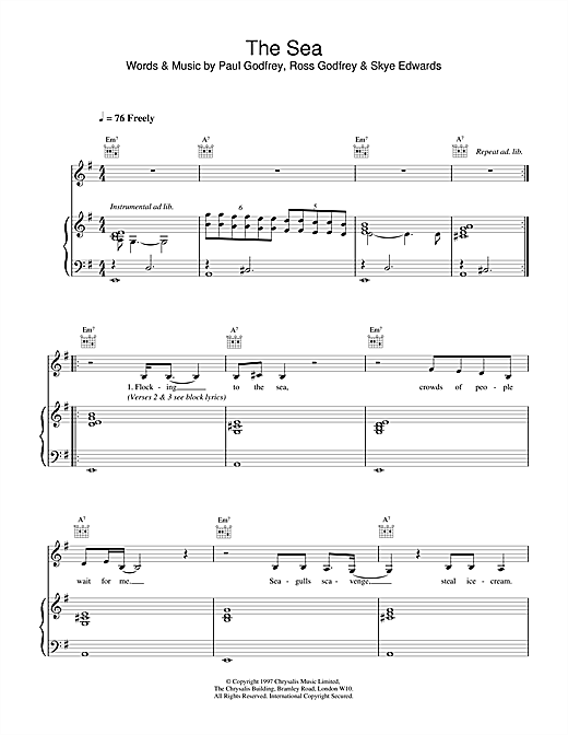 Preview Morcheeba The Sea Pop sheet music, notes and chords for Piano, Vocal & Guitar, SKU: 17863 sheet music, piano notes, chords, guitar tabs, score, transpose, transcribe, how to play, guide, download, learn, tutorial, progression, song, artist, awards, billboard, mtv, vh1, tour, single, album, release
