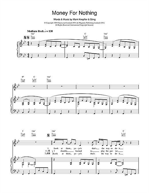 Preview Dire Straits Money For Nothing Rock sheet music, notes and chords for Piano, Vocal & Guitar, SKU: 17865 sheet music, piano notes, chords, guitar tabs, score, transpose, transcribe, how to play, guide, download, learn, tutorial, progression, song, artist, awards, billboard, mtv, vh1, tour, single, album, release