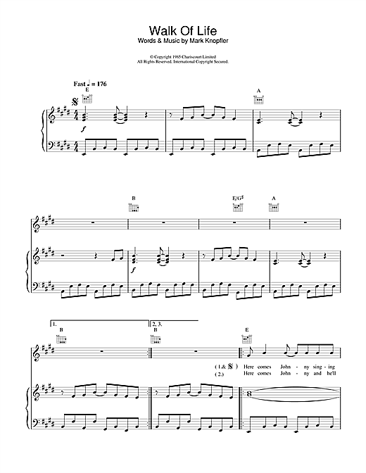 Preview Dire Straits Walk Of Life Pop sheet music, notes and chords for Piano, Vocal & Guitar, SKU: 17866 sheet music, piano notes, chords, guitar tabs, score, transpose, transcribe, how to play, guide, download, learn, tutorial, progression, song, artist, awards, billboard, mtv, vh1, tour, single, album, release