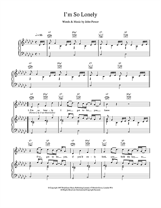 Preview Cast I'm So Lonely Pop sheet music, notes and chords for Piano, Vocal & Guitar (Right-Hand Melody), SKU: 17871 sheet music, piano notes, chords, guitar tabs, score, transpose, transcribe, how to play, guide, download, learn, tutorial, progression, song, artist, awards, billboard, mtv, vh1, tour, single, album, release