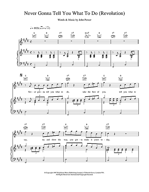 Preview Cast Never Gonna Tell You What To Do (Revolution) Pop sheet music, notes and chords for Piano, Vocal & Guitar (Right-Hand Melody), SKU: 17874 sheet music, piano notes, chords, guitar tabs, score, transpose, transcribe, how to play, guide, download, learn, tutorial, progression, song, artist, awards, billboard, mtv, vh1, tour, single, album, release