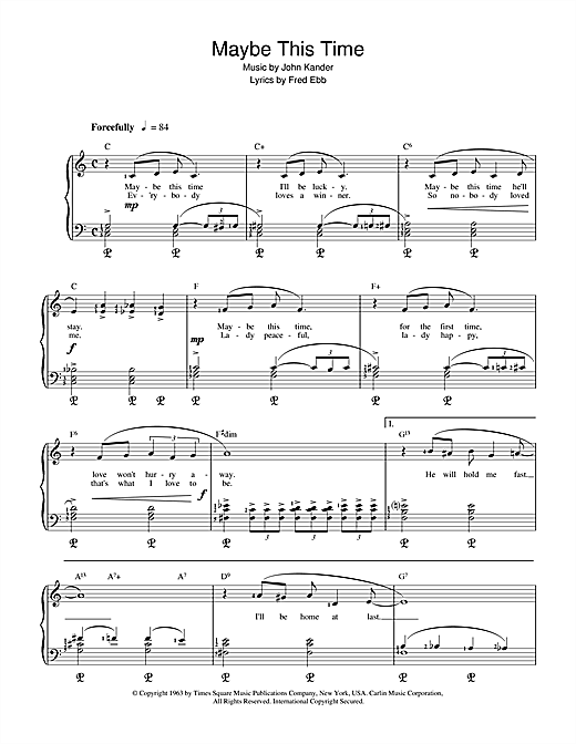 Preview Liza Minnelli Maybe This Time (from Cabaret) Musicals sheet music, notes and chords for Beginner Piano, SKU: 17883 sheet music, piano notes, chords, guitar tabs, score, transpose, transcribe, how to play, guide, download, learn, tutorial, progression, song, artist, awards, billboard, mtv, vh1, tour, single, album, release