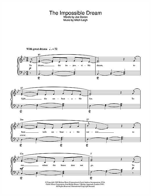 Preview Mitch Leigh The Impossible Dream (from Man Of La Mancha) Musicals sheet music, notes and chords for Piano, SKU: 17887 sheet music, piano notes, chords, guitar tabs, score, transpose, transcribe, how to play, guide, download, learn, tutorial, progression, song, artist, awards, billboard, mtv, vh1, tour, single, album, release
