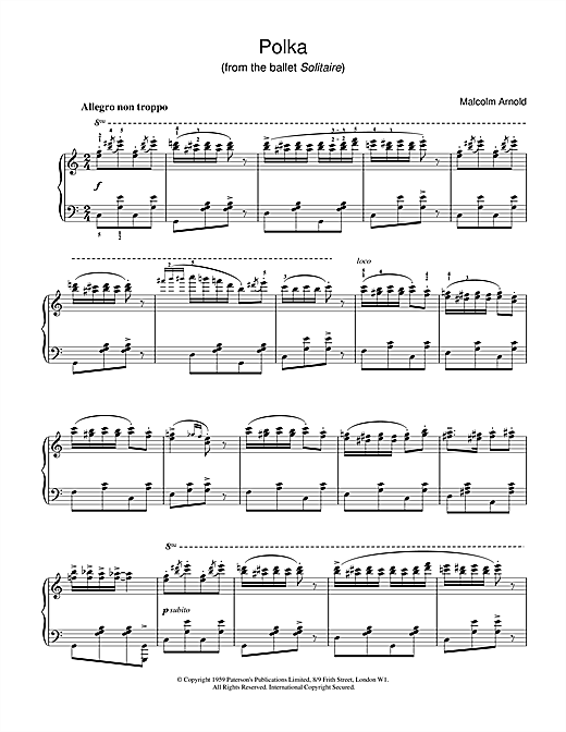 Preview Malcolm Arnold Polka from Solitaire Classical sheet music, notes and chords for Piano, SKU: 17889 sheet music, piano notes, chords, guitar tabs, score, transpose, transcribe, how to play, guide, download, learn, tutorial, progression, song, artist, awards, billboard, mtv, vh1, tour, single, album, release