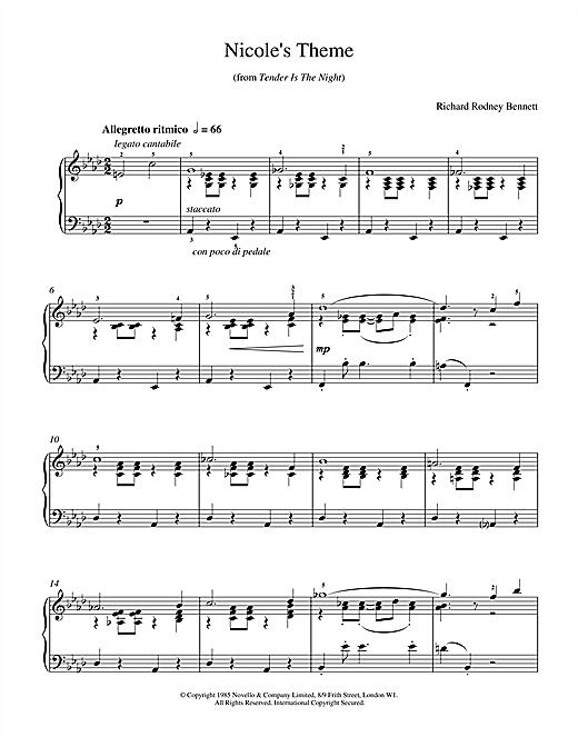 Preview Richard Rodney Bennett Nicole's Theme Classical sheet music, notes and chords for Piano, SKU: 17891 sheet music, piano notes, chords, guitar tabs, score, transpose, transcribe, how to play, guide, download, learn, tutorial, progression, song, artist, awards, billboard, mtv, vh1, tour, single, album, release