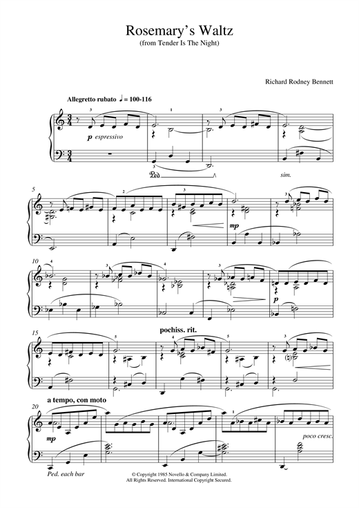 Preview Richard Rodney Bennett Rosemary's Waltz Classical sheet music, notes and chords for Piano, SKU: 17892 sheet music, piano notes, chords, guitar tabs, score, transpose, transcribe, how to play, guide, download, learn, tutorial, progression, song, artist, awards, billboard, mtv, vh1, tour, single, album, release