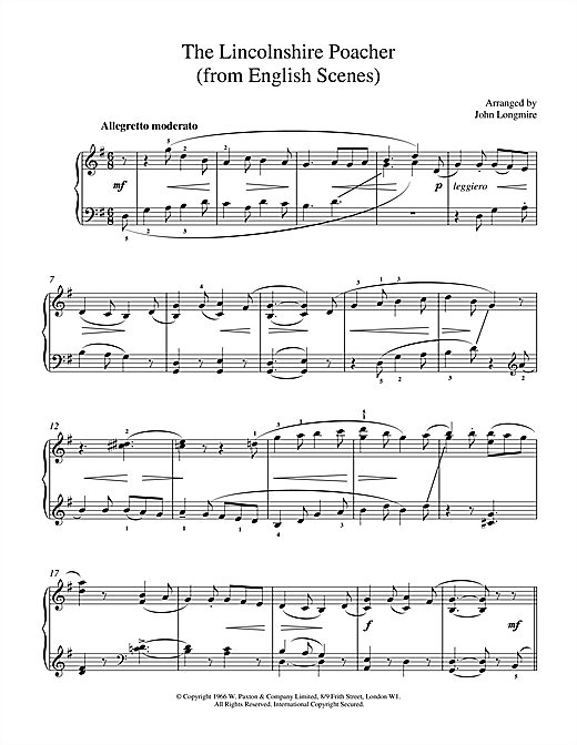 Preview John Basil Hugh Longmire The Lincolnshire Poacher Post-1900 sheet music, notes and chords for Piano, SKU: 17900 sheet music, piano notes, chords, guitar tabs, score, transpose, transcribe, how to play, guide, download, learn, tutorial, progression, song, artist, awards, billboard, mtv, vh1, tour, single, album, release