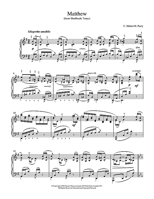 Preview Hubert Parry Matthew From Shulbrede Tunes Post-1900 sheet music, notes and chords for Piano, SKU: 17901 sheet music, piano notes, chords, guitar tabs, score, transpose, transcribe, how to play, guide, download, learn, tutorial, progression, song, artist, awards, billboard, mtv, vh1, tour, single, album, release