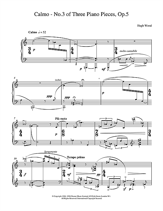 Preview Hugh Wood Calmo Op.5 Post-1900 sheet music, notes and chords for Piano, SKU: 17906 sheet music, piano notes, chords, guitar tabs, score, transpose, transcribe, how to play, guide, download, learn, tutorial, progression, song, artist, awards, billboard, mtv, vh1, tour, single, album, release