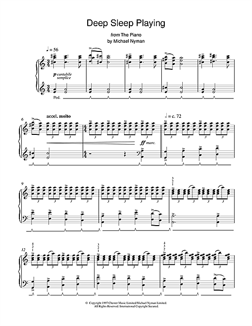 Preview Michael Nyman Deep Sleep Playing (from The Piano) Post-1900 sheet music, notes and chords for Piano, SKU: 17922 sheet music, piano notes, chords, guitar tabs, score, transpose, transcribe, how to play, guide, download, learn, tutorial, progression, song, artist, awards, billboard, mtv, vh1, tour, single, album, release