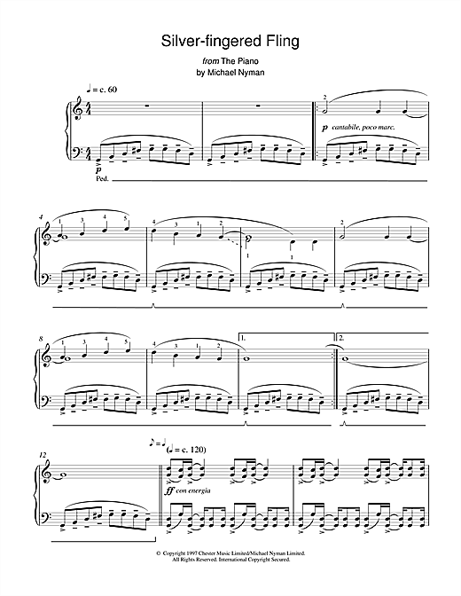 Preview Michael Nyman Silver-Fingered Fling (from The Piano) Post-1900 sheet music, notes and chords for Piano, SKU: 17924 sheet music, piano notes, chords, guitar tabs, score, transpose, transcribe, how to play, guide, download, learn, tutorial, progression, song, artist, awards, billboard, mtv, vh1, tour, single, album, release