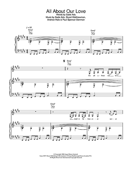 Preview Sade All About Our Love Pop sheet music, notes and chords for Piano, Vocal & Guitar, SKU: 17927 sheet music, piano notes, chords, guitar tabs, score, transpose, transcribe, how to play, guide, download, learn, tutorial, progression, song, artist, awards, billboard, mtv, vh1, tour, single, album, release