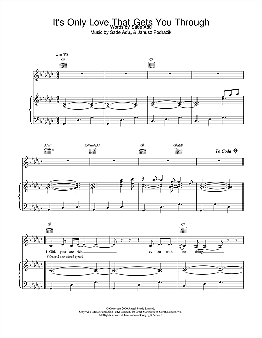 Preview Sade It's Only Love That Gets You Through Pop sheet music, notes and chords for Piano, Vocal & Guitar, SKU: 17932 sheet music, piano notes, chords, guitar tabs, score, transpose, transcribe, how to play, guide, download, learn, tutorial, progression, song, artist, awards, billboard, mtv, vh1, tour, single, album, release