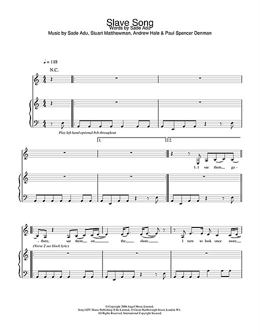 Preview Sade Slave Song Pop sheet music, notes and chords for Piano, Vocal & Guitar, SKU: 17935 sheet music, piano notes, chords, guitar tabs, score, transpose, transcribe, how to play, guide, download, learn, tutorial, progression, song, artist, awards, billboard, mtv, vh1, tour, single, album, release