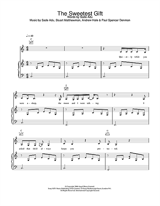 Preview Sade The Sweetest Gift Pop sheet music, notes and chords for Piano, Vocal & Guitar, SKU: 17937 sheet music, piano notes, chords, guitar tabs, score, transpose, transcribe, how to play, guide, download, learn, tutorial, progression, song, artist, awards, billboard, mtv, vh1, tour, single, album, release