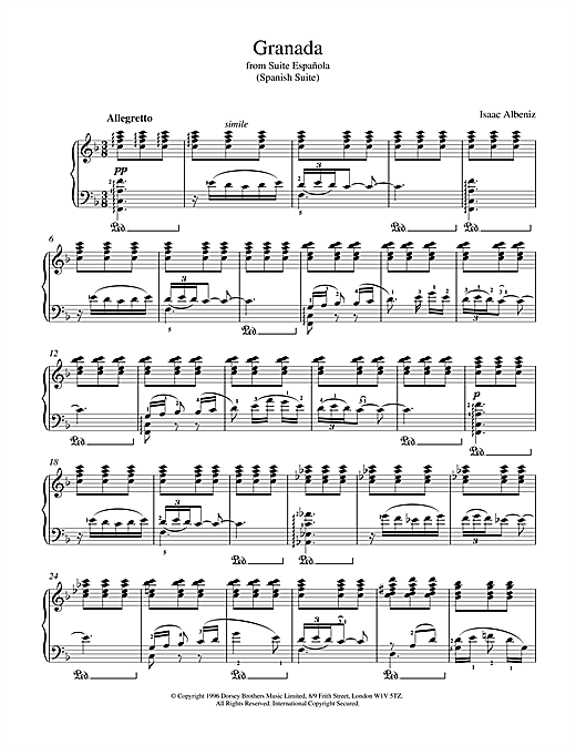 Preview Isaac Albeniz Granada From Suite Espanola World sheet music, notes and chords for Piano, SKU: 17941 sheet music, piano notes, chords, guitar tabs, score, transpose, transcribe, how to play, guide, download, learn, tutorial, progression, song, artist, awards, billboard, mtv, vh1, tour, single, album, release