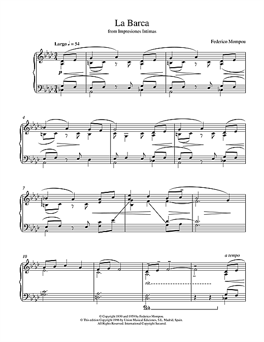Preview Mompou La Barca From Impresiones Intimas Post-1900 sheet music, notes and chords for Piano, SKU: 17942 sheet music, piano notes, chords, guitar tabs, score, transpose, transcribe, how to play, guide, download, learn, tutorial, progression, song, artist, awards, billboard, mtv, vh1, tour, single, album, release