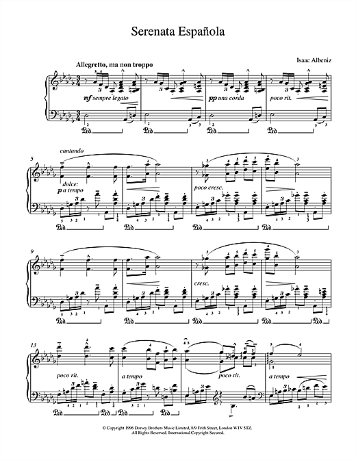 Preview Isaac Albeniz Serenata Espanola World sheet music, notes and chords for Piano, SKU: 17951 sheet music, piano notes, chords, guitar tabs, score, transpose, transcribe, how to play, guide, download, learn, tutorial, progression, song, artist, awards, billboard, mtv, vh1, tour, single, album, release