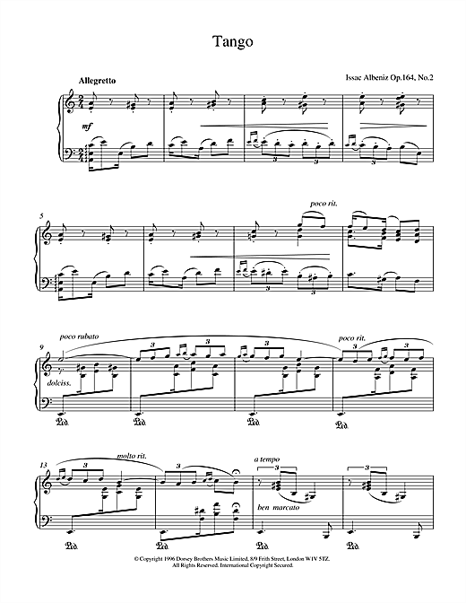 Preview Isaac Albeniz Tango Op.164 No.2 World sheet music, notes and chords for Piano, SKU: 17952 sheet music, piano notes, chords, guitar tabs, score, transpose, transcribe, how to play, guide, download, learn, tutorial, progression, song, artist, awards, billboard, mtv, vh1, tour, single, album, release